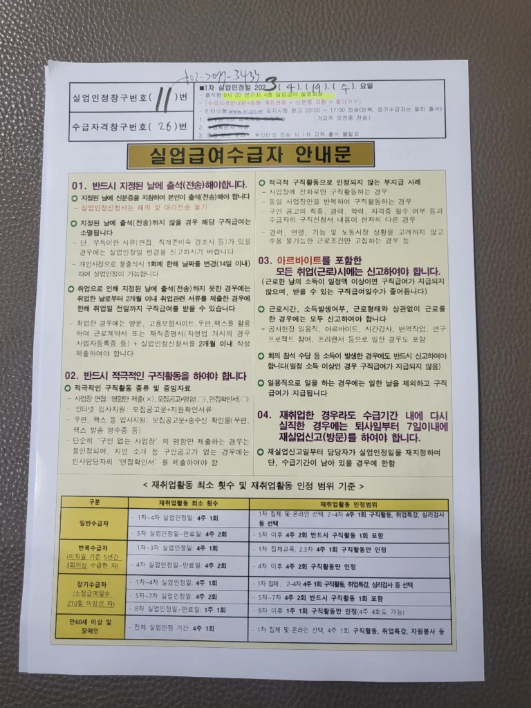 실업급여 수급자 안내문